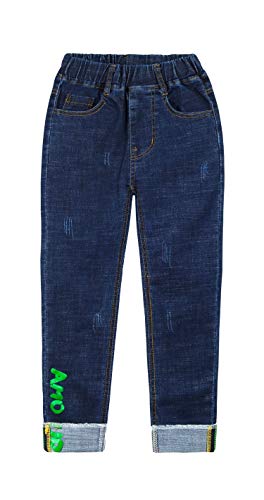 Kidscool Space Meninos Letras Tinta a Óleo Decoração Punho Rasgado Elástico Slim Jeans, Deep Blue, 8
