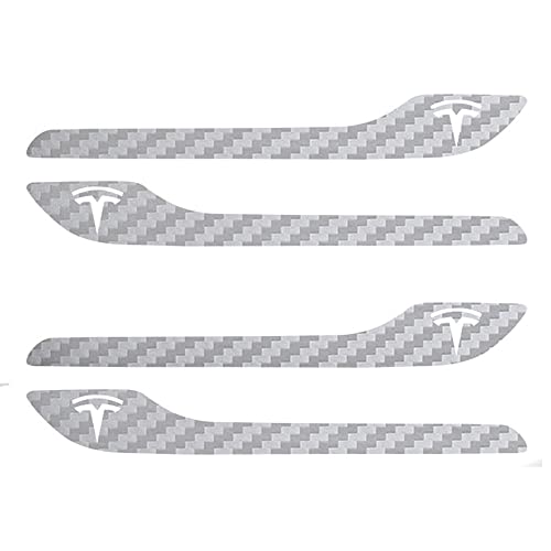 Image of IPG Compatible for Model 3 / Model Y /Juniper Door Handle Decal Sticker Wrap Kit (Set of 4) with Tesla Logo Personalize Your Tesla (Silver Carbon Fiber)