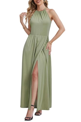 KILIG Maxikleid Damen Sommer Neckholder Sommerkleid Elegant Lang Maxi Kleid Hochzeitsgast Schlitz Freizeitkleid (Bean Green,XL)
