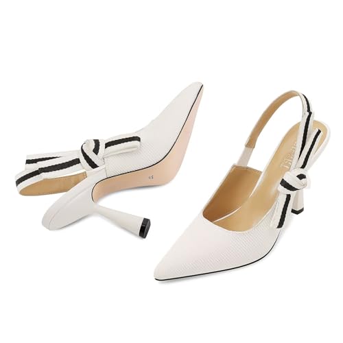 Image of HOCHFART Women's Slingback Kitten Heels Closed Pointed Toe Slip On Pumps | Bowknot, Elastic Slingback Strap, Office, Wedding, Bridal, Formal, Events, Church, Gathering, Casual Outing