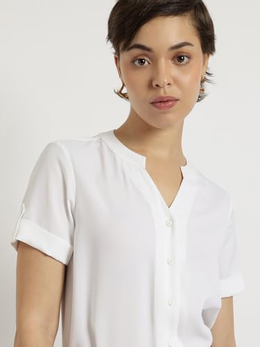 Image of FableStreet Women Formal Top | Asymmetrical Button Placket Band Collar Three-Quarter Sleeves | Pure Cotton Smooth Fabric for Office & Workwear