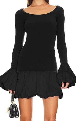 Women Bell Long Sleeve Dress Cute Crew Neck Knit Patchwork Bubble Hem Slim Fit Mini Party Dresses Black S