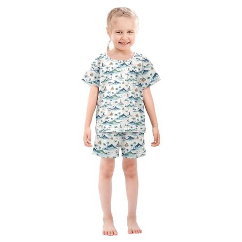 Palm Tree Sailboat Mountain Pajama Set, Short Sleeve Cotton Sleepwear Nightwear3