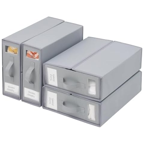 JS HOME 4 Pack Bed Sheet Organizers and Storage Foldable Box for Linen Closet, Oxford Cover (Queen & King Size) Bedding Set Containers for Blanket Comforter Pillow Cube with Window and Handle, Grey Cover