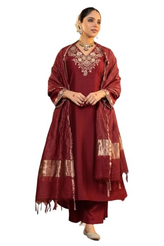 Image of Klosia Women Embroidery Solid Straight Kurta and Pant Set with Dupatta