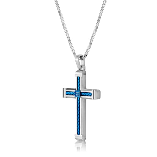 Metro Jewelry 0.02 Carat Black Diamond Cross Pendant Necklace for Men in Stainless Steel with Blue or Black Ion Plating on 24 Inch Chain3