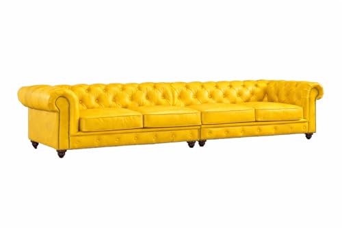 Image of UMAR ARTS Luxury Chesterfield Leatherate Sofa Set, Tufted Genuine Leatherate, Classic Living Room Furniture (Yellow 4 Seater)