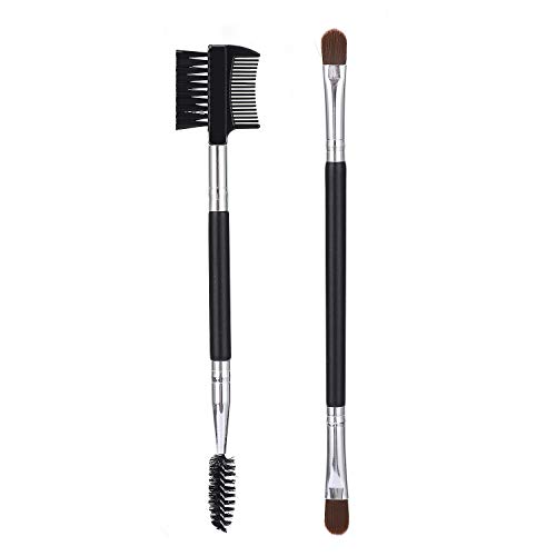 JASSINS Duo Eyebrow Brush Eyelash Comb & Spoolie Brush+Dual Eye Shadow Brush Set, Professional Eyebrow Eye Makeup Tool (Black-silver)