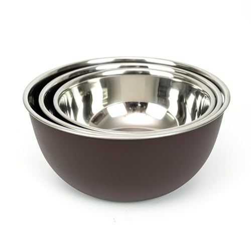 Image of Microwave Safe Stainless Steel Mixing Bowl Set with Lids - Set of 3 (500ml, 800ml, 1250ml) - Euro Style Food Storage Containers - Multipurpose Kitchen Bowls (3 Classic Dark Brown)