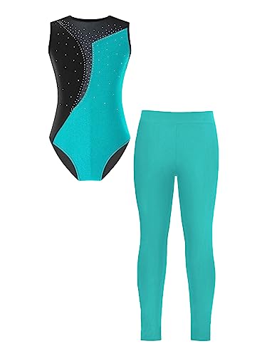 Kids Girls Sleeveless Color Patchwork Dance Outfits Gymnastic Tracksuit Mesh Splice Tank Leotard with Yoga Leggings