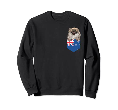 New Zealand Flag Pekingese Dog In Pocket Sweatshirt, Black