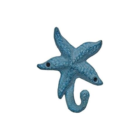 Hampton Nautical Decorative Cast Iron Starfish Wall Hook, Light Blue Whitewashed Cover