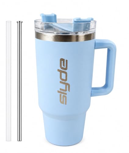 Image of Slyde 1200ml Stainless Steel Insulated Tumbler with Handle | Double Wall Vacuum Travel Mug | Leakproof Lid | Includes 2 Straws (1 Stainless Steel & 1 Plastic) | BPA Free Sky Blue