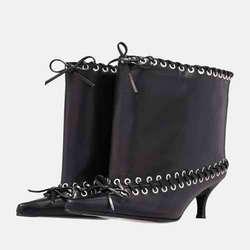 keleimusi Laced Embellishment Knee High Boots Women Metal Eyelets Pointed Toe Tall Boots Kitten Heel Bow Tie Long Boot Pull On Dress Fashion Wide Calf Knee High Boots/Short Booties2