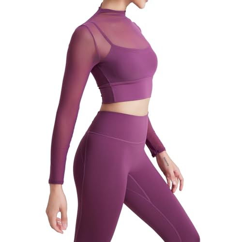 Women's Long Sleeve Mesh Crop Workout Tops See Through Shirt Gym Yoga Running Shirts with Built in Bra2