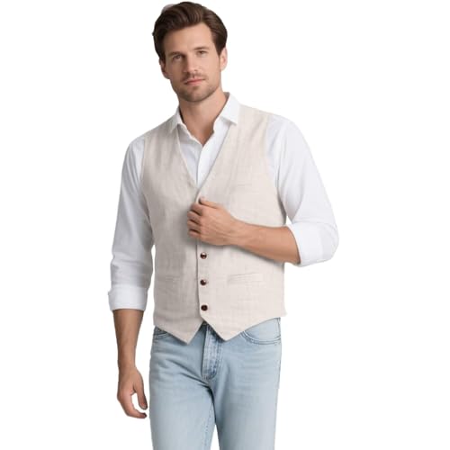 Men Linen Vest Casual Suit Vests Regular Fit Beach Wedding Waistcoat For Mens Groomsmen Party Dress Vest