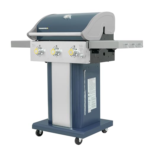 Permasteel 3-Burner Propane Gas Grill, 30,000 BTUs BBQ Grill with Cast Iron Grates, Foldable Side Tables & Tool Hooks, Outdoor Grill, Azure