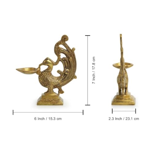 Image of ExclusiveLane 'Marvellous Peacock' Brass Table Diya for Puja Room Mandir (Pure Brass, 7 Inch, 0.8 Kg) | Hand-Etched Ghee Diya for Puja Aarti Diyas Table Diyas for Home Decoration