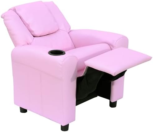 HOMCOM Kids Recliner, PU Leather Kids Armchair, Child Chair, Toddler Armchair with Adjustable Backrest, Footrest, Padded Headrest, Cup Holder, Pink