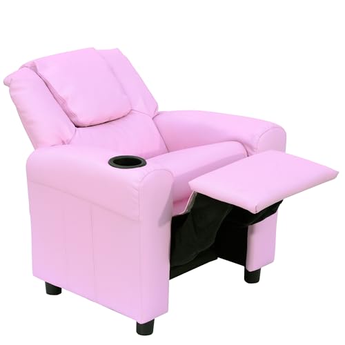 HOMCOM Kids Recliner, PU Leather Kids Armchair, Child Chair, Toddler Armchair with Adjustable Backrest, Footrest, Padded Headrest, Cup Holder, Pink