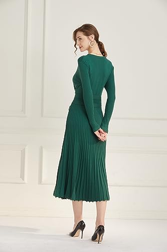 Image of Women's Long Knit Crewneck Sweater Dress Tie Waist A-Line Swing Pleated Bodycon