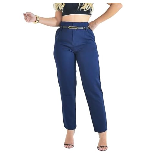 Calça Feminina Alfaiataria Social Slim (BR, Alfa, M, Slim, Regular, Azul-escuro)