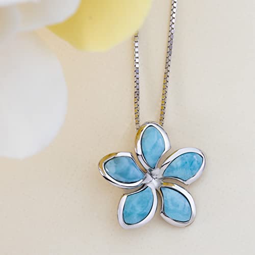 Aloha Jewelry Company Sterling Silver Natural Larimar Plumeria Flower Necklace Pendant with 18"" Box Chain, Nickle Free Hypoallergenic for Sensitive Skin, Gift Box Included, blue2