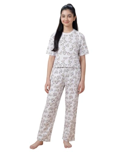 Image of Li'l Tomatoes Girls Cotton Night Suit Set | 100% Cotton Summer Co-Ord Set | Half Sleeve T-Shirt & Full Length Pajama | Soft & Breathable Printed Clothing Set | 9-16 Years
