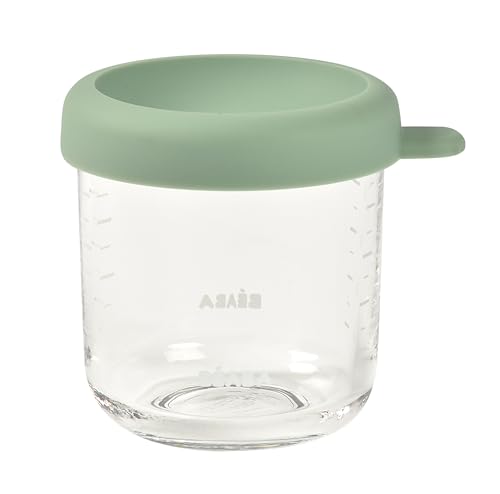 BEABA 8 oz Glass Baby Food Jars with Soft Silicone Air Tight Lids, Glass Storage Containers with Lids, Microwave and Freezer Safe Containers, Sage
