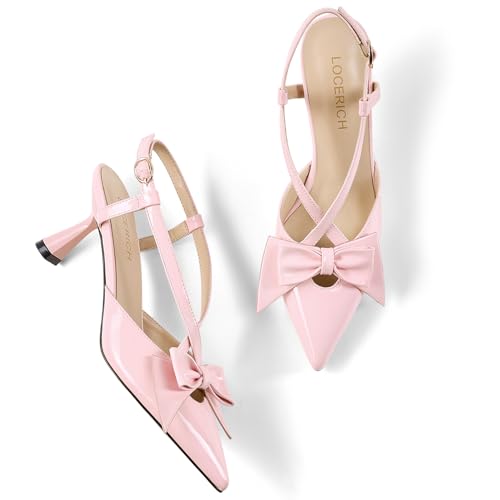 Image of LOCERICH Women's Kitten Heels Slingback Low Heel Bow Closed Toe Pumps | Kitten Heel for Bridal Wedding Party Dress Shoes