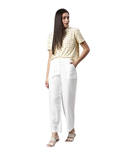 Image of GO COLORS Solid Linen Cargo Pants for Women | Full Length, Mid Rise, Side Pockets