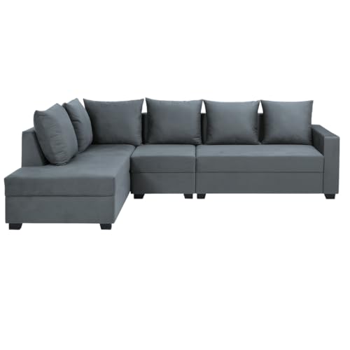 Image of FURNY Gloria 8 Seater Fabric LHS L Shape Sofa Set with 1 Centre Table & 2 Puffy (Dark Grey) Premium Velvet Finish | Durable Comfort | Ideal for Living Room