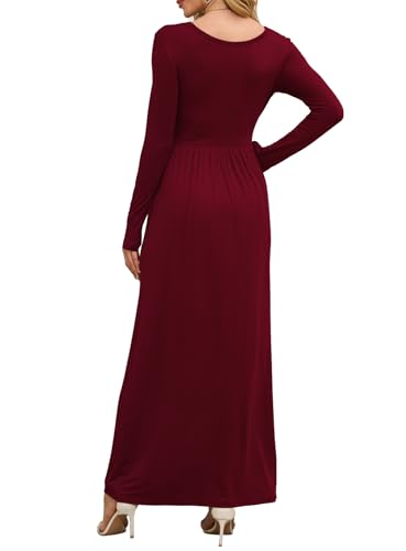 Image of DEARCASE Women's Maxi Dress Long Sleeve Crewneck Empire Waist Long Dresses | Empire Waist,round neck,floor length, dual side pockets, A-line,fall winter long dresses for wedding guest,party,vacation