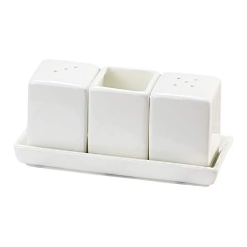 Sizikato Set of 4 Pure White Porcelain Salt and Pepper Shakers and Toothpick Holder and Tray Cover