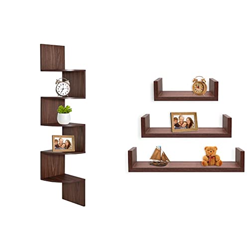 Greenco Corner Shelf, 5 Tier Floating Shelves For Wall, Easy-To-Assemble Wall Mount Corner Shelves, Rustic Walnut Finish & Set Of 3 Floating “U” Shelves, Easy-To-Assemble Floating Wall Mount Shelves #TOP29