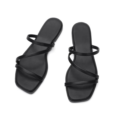 Image of LACUONE Strappy Flat Sandals For Women Slip On Square Open Toe Slides Sandals