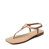DREAM PAIRS Women's T-Strap Thong Flat Sandals with Cute Square Toe Strappy for Summer,Size 7.5,Nude,SDFS2301W