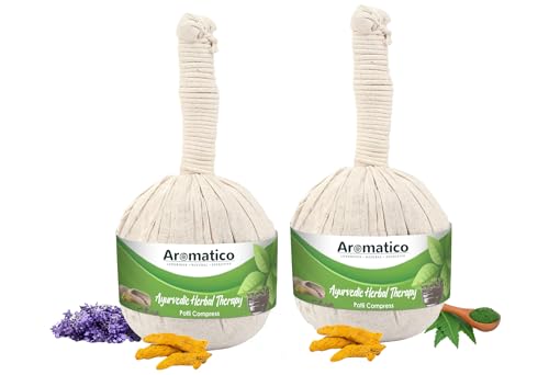 Image of AROMATICO Ayurvedic Herbal Potli with 17 ancient herbs. Helps with Pain Relief, Post-Workout Recovery & Muscle Relaxation. For Men & Women. 200gm Pack of 2