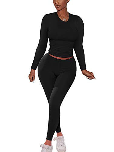 XXTAXN Women's Sexy Two Piece Outfits Long Sleeve Tops Bodycon Pants Daily Outfits Black