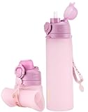 TakeToday Collapsible Water Bottles 20oz, Leak Proof, BPA-Free, Foldable Silicone Travel Water Bottle with Straw Strap for Cycling, Hiking, Outdoors (Purple)