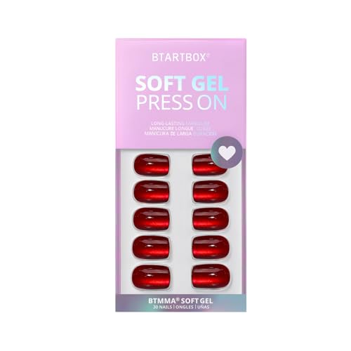 BTArtbox Press On Nails Red - Cat Eye Press On Nails Square for Gifts,Cherry Short Stick On Nails with Glue, Glossy Reusable Nail Tips in 15 Sizes - 30 Soft Gel Fake Nails Kit, Hot Love