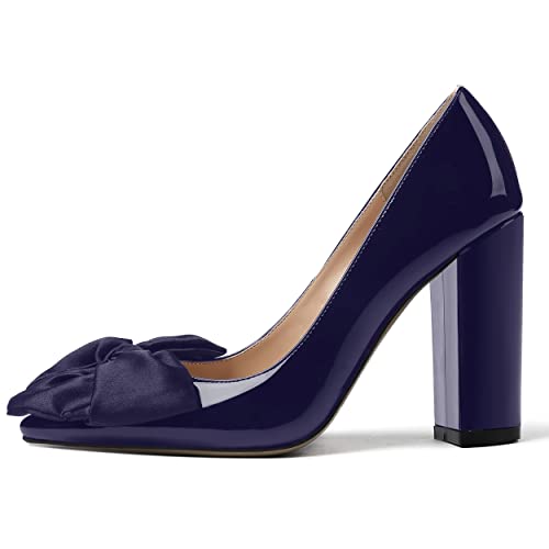 WAYDERNS Women's Dress Wedding Solid Patent Slip On Pointed Toe Bow Block High Heel Pumps Shoes 4 Inch2