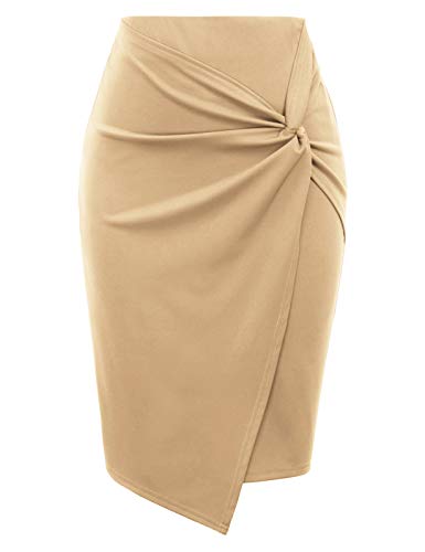 Kate Kasin Wear to Work Pencil Skirts for Women Elastic High Waist Wrap Front Apricot