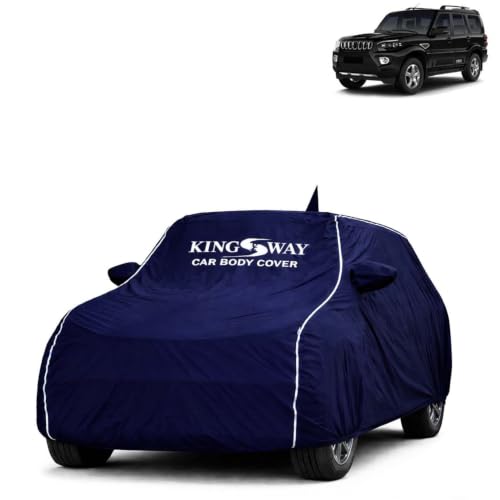 Image of KINGSWAY Super Waterproof Car Cover Only with Mahindra Scorpio (Year 2019 to 2022 - All Model) | Mirror and Antenna Pockets | All Weather Car Body Cover with Silver Piping | Blue