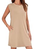 Wenrine Womens Summer Mini Dress Casual Loose Sleeveless Crewneck Slit Basic T Shirt Dresses with Pockets Khaki