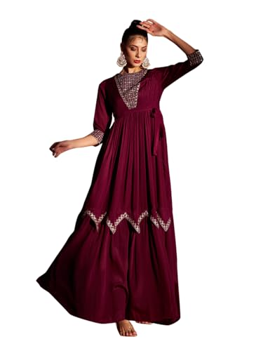 Image of Madhuram Women's Chinon Chiffon Traditional Ethnic Long Western Dress with Embroidery Work Long Kurta(M-2361)