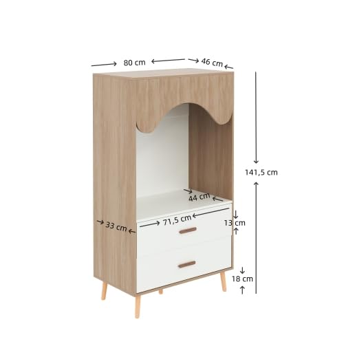 Merax Armoire pour enfant avec tringle à vêtements et tiroirs - Armoire ouverte - Blanc + bois naturel - 80 x 46 x 141,5 cm - Avec poignées en bois massif - Pour chambre d'enfant et chambre à coucher