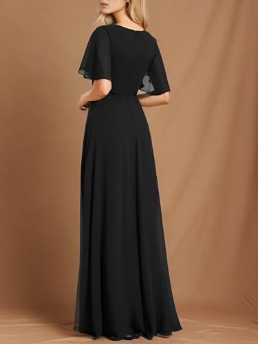 Image of Ever-Pretty Women's Spring Short Sleeve Bridesmaid Dresses V-Neck Chiffon Ruched Empire Waist Appliques Long Formal Dress