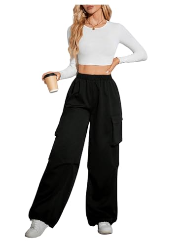 SweatyRocks Women's High Waisted Cargo Pants Wide Leg Streetwear Casual Pants with Pockets4