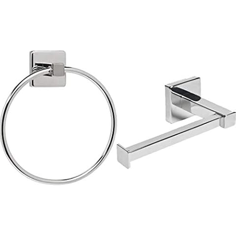 Home Treats Silver Square Bathroom Toilet Roll Holder & Towel Ring Set Cover